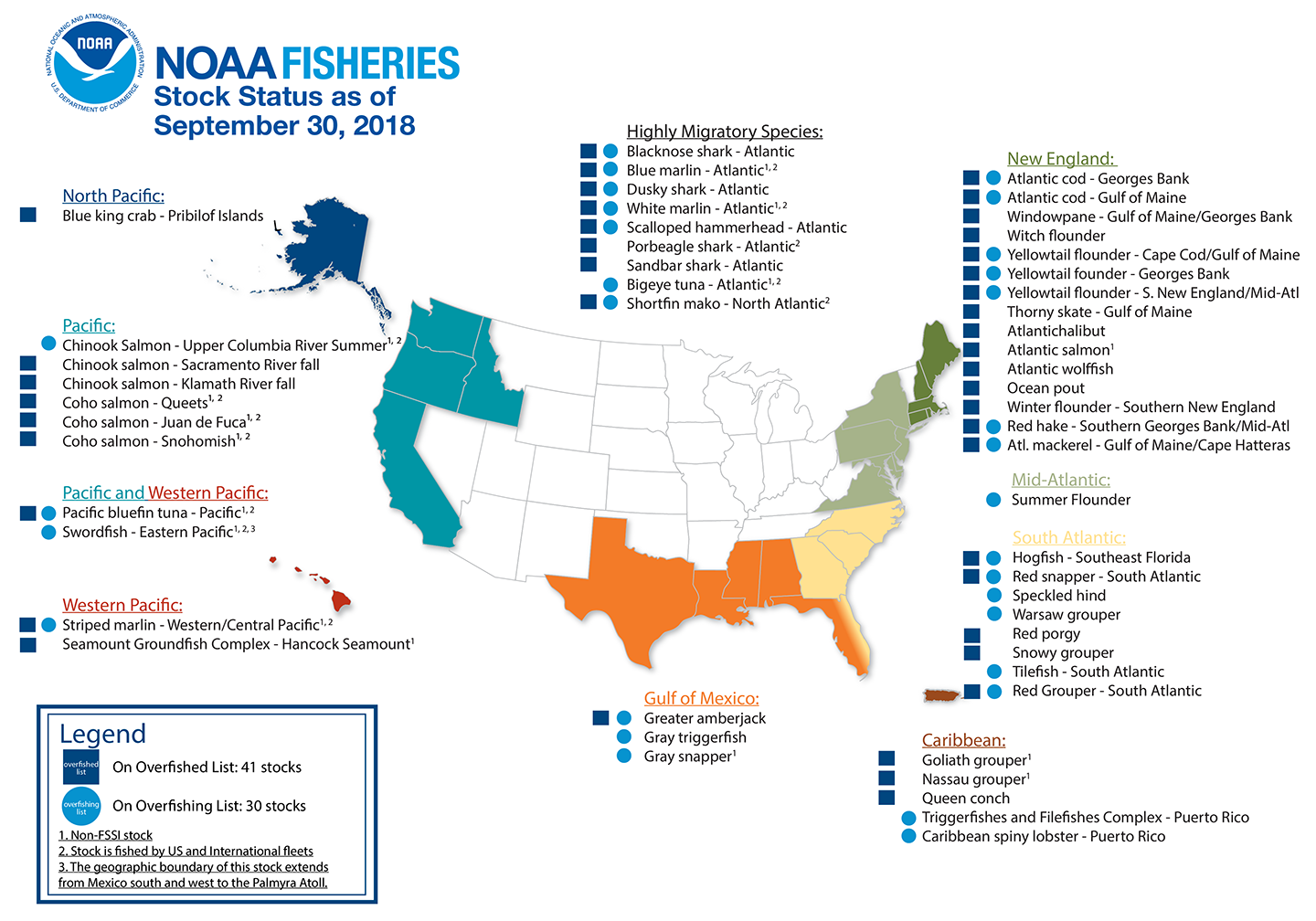 A NOAA map detailing the fish which are overfished or undergoing overfishing as of the end of 2018