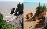 Tide change in Hopewell Rock showing a comparison between high and low tide