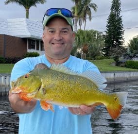 Angler proudly displaying a vibrant Peacock Bass caught during a fishing trip in a tropical setting.