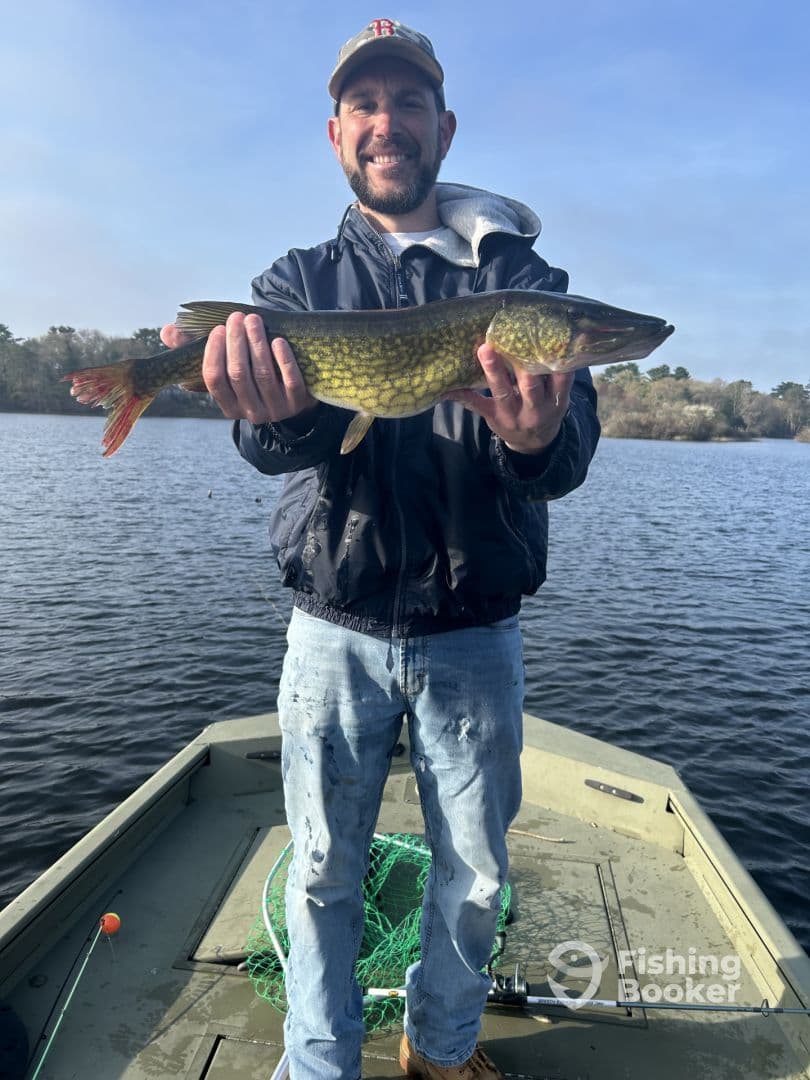 Angler proudly displaying a Northern Pike while fishing from a small boat on a serene lake.