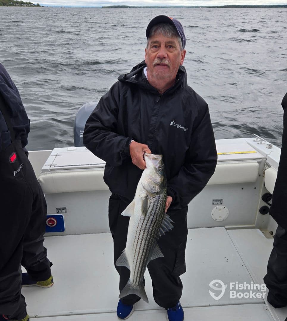 An angler proudly displaying a striped bass while fishing on a boat, showcasing a successful catch in a scenic waterway.