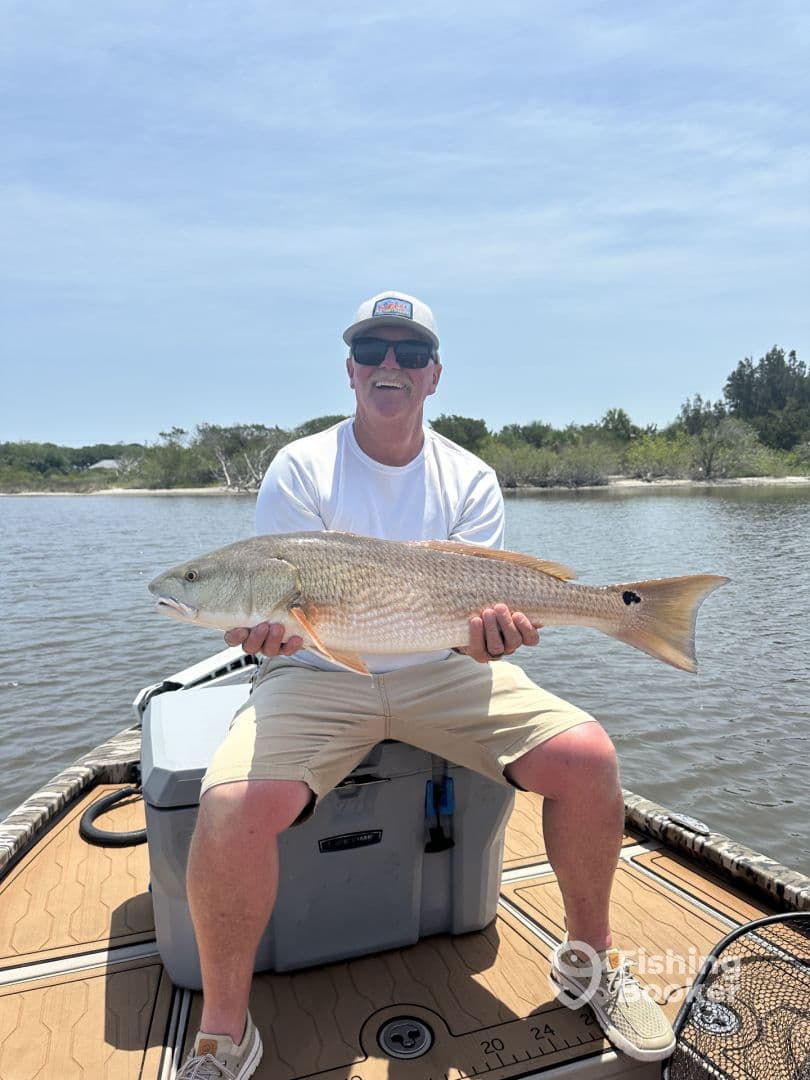An angler proudly displaying a large Redfish while seated on a boat in a calm waterway, showcasing a successful fishing trip.