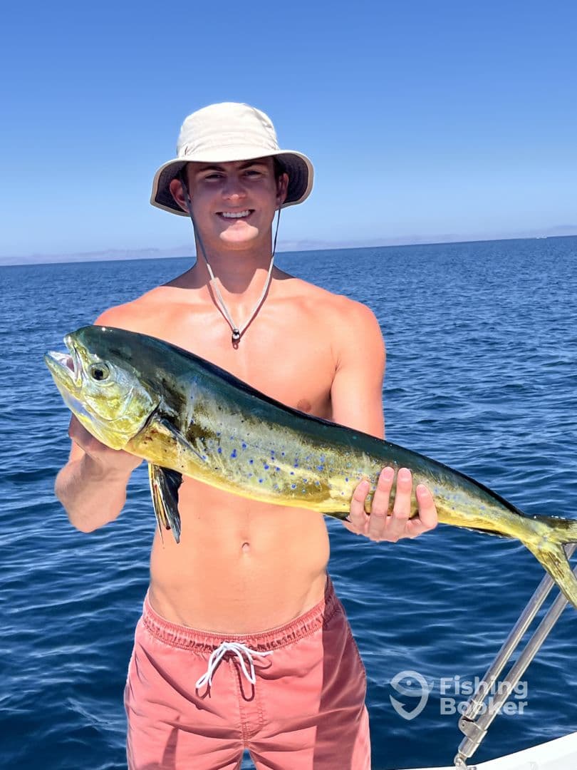 A young angler proudly displaying a vibrant Mahi Mahi while fishing in clear blue waters.