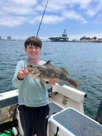 A young angler proudly displaying a large California Sheephead while fishing from a boat in a coastal environment.