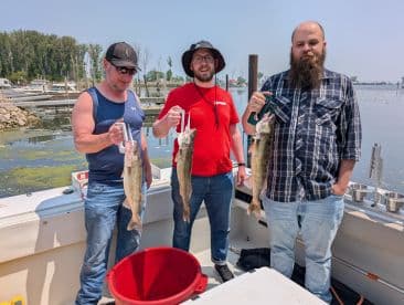 Three anglers proudly displaying their catch of Walleye while on a fishing trip, with a scenic marina backdrop.