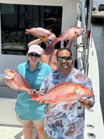 Three anglers proudly displaying their catch of Red Snapper on a sunny day at the dock, showcasing a successful fishing trip.