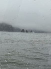A foggy view of rocky formations in the water, possibly indicating a fishing area, with no visible fish or people.