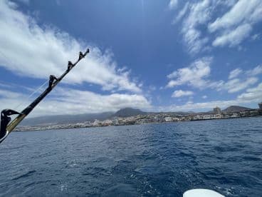 A scenic view of the coastline with a fishing rod in the foreground, showcasing a beautiful day on the water.
