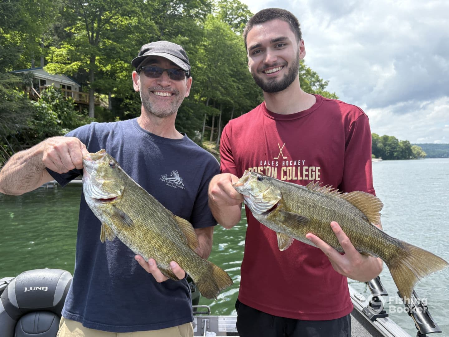 Two anglers proudly displaying their catch of large Largemouth Bass while fishing on a lake.