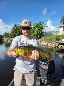 An angler proudly displaying a vibrant Peacock Bass while fishing in a scenic canal, showcasing the lush tropical surroundings.