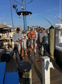 A group of anglers proudly displaying their catch of large tuna at the marina, showcasing a successful deep-sea fishing trip.