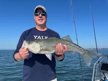 An angler proudly displaying a large Striped Bass while fishing on a clear day, showcasing a beautiful coastal backdrop.