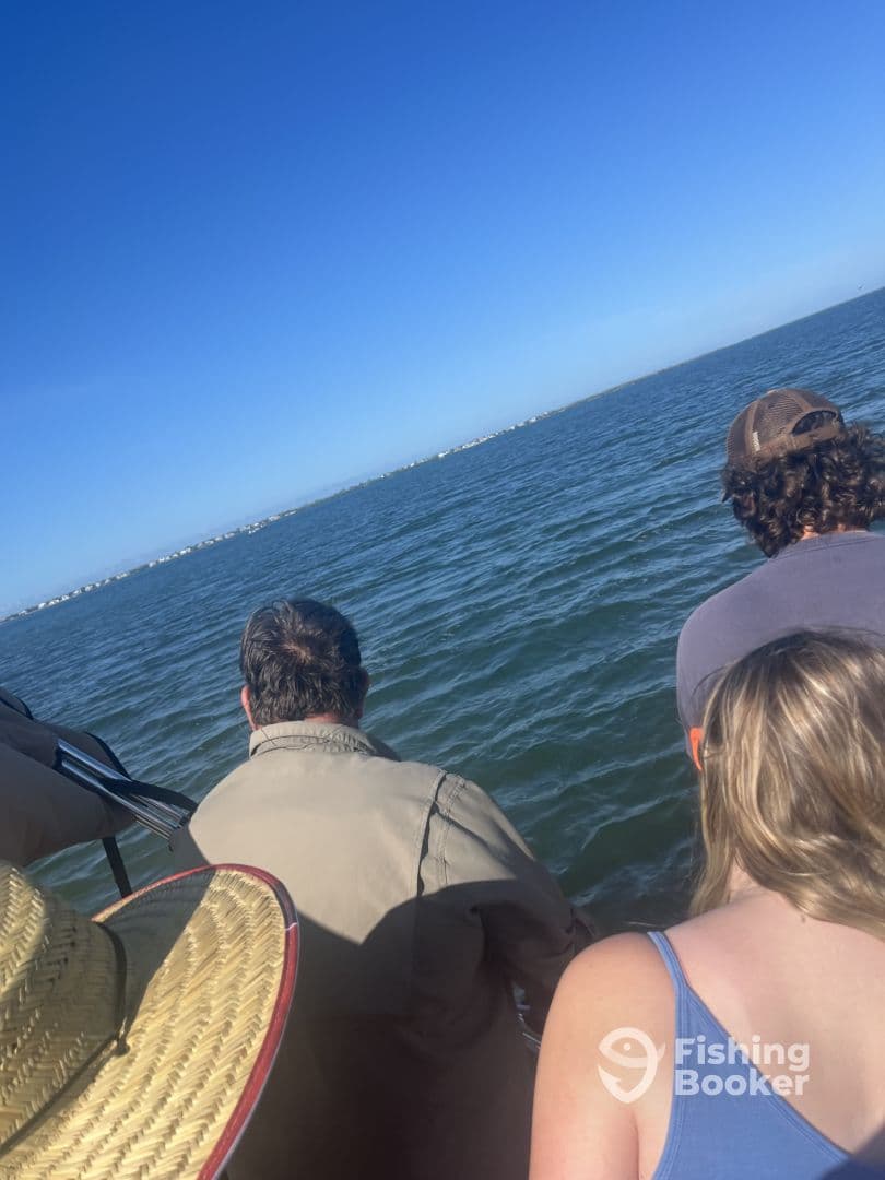 A group of anglers enjoying a day on the water, with a clear blue sky and calm sea, but no visible catch or fishing activity.