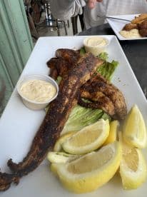 A plate of grilled fish fillets served with lemon wedges and dipping sauce, showcasing a dining experience rather than a fishing catch.