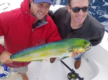 Two anglers proudly displaying a vibrant Mahi Mahi aboard a fishing boat, showcasing a successful offshore fishing trip.