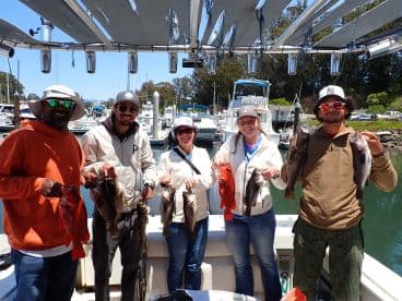 A group of five anglers proudly displaying their catch of various rockfish and red snapper aboard a charter boat in a scenic marina.