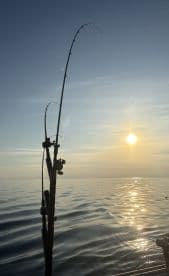 Fishing rod bent under the strain of a catch during a serene sunset on calm waters.