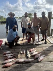 A group of anglers proudly displaying their catch of Snapper and other species on the dock after a successful fishing trip.