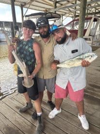 A young angler and two friends proudly displaying their catch, including a shark and a Mahi Mahi, at a marina after a successful fishing trip.