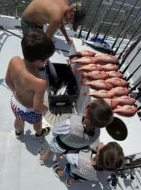 Three young anglers observing a variety of fish, including Red Snapper, displayed on the boat after a successful fishing trip.