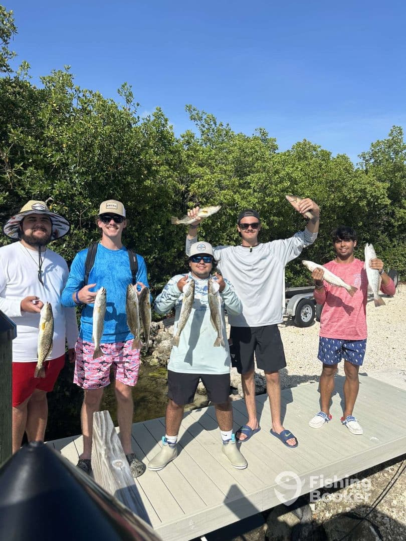 Group of anglers proudly displaying their catch of Speckled Trout on a sunny day at the dock.