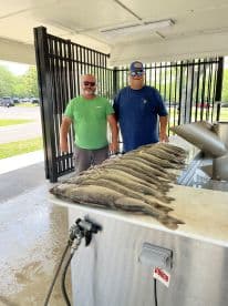 Two anglers proudly display their catch of multiple flounder on a cleaning station after a successful fishing trip.
