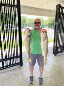 Angler proudly displaying two large Walleye caught during a fishing trip, showcasing a successful day on the water.