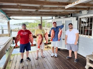 Four anglers proudly displaying their catch of Red Snapper at a dockside cleaning station after a successful fishing trip.