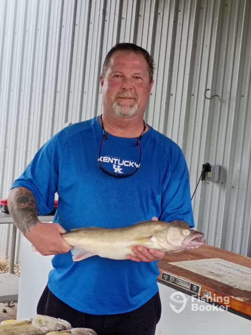 An angler proudly displaying a freshly caught Walleye at a fishing cleaning station, showcasing a successful day on the water.