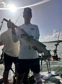 A young angler proudly displaying a large catfish while fishing on a boat, showcasing a sunny day on the water.