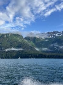 Scenic view of a fishing boat navigating through the stunning Alaskan landscape, surrounded by mountains and lush greenery.