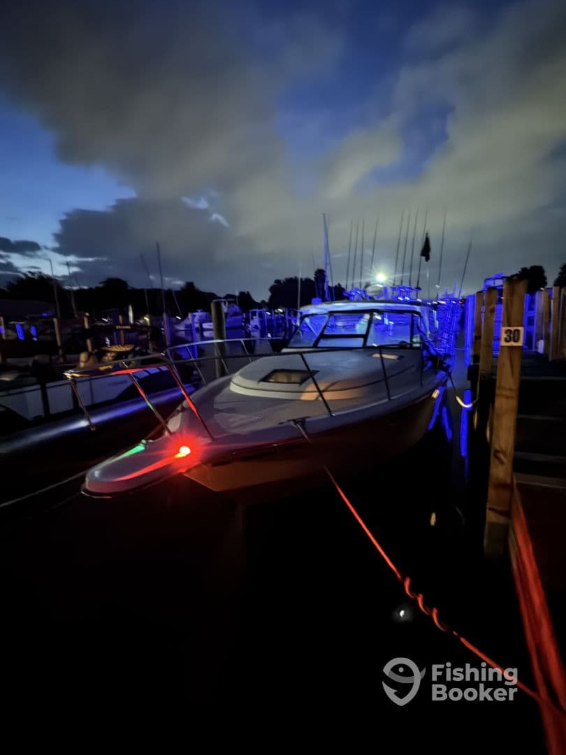 A sleek fishing boat illuminated by blue lights at a marina during twilight, showcasing its modern design and readiness for night fishing.