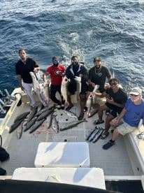 Group of anglers proudly displaying their catch of multiple fish, including large Cobia, aboard a fishing boat in open waters.