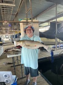 An enthusiastic angler proudly displaying a large Striped Bass at a fishing dock, surrounded by other catches from the day.