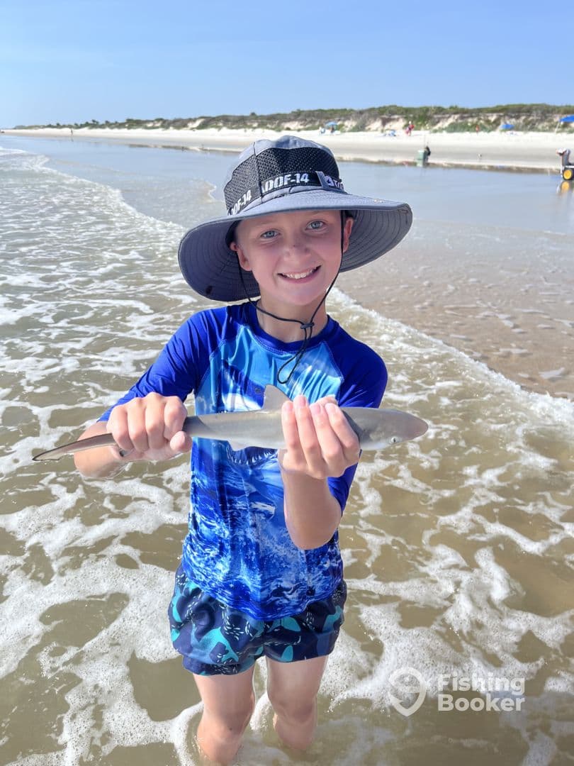 A young angler proudly displaying a small shark while standing in the shallow surf, enjoying a day of beach fishing.