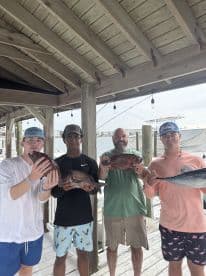 Group of anglers proudly displaying their catch of Snapper and Mackerel at the dock after a successful fishing trip.