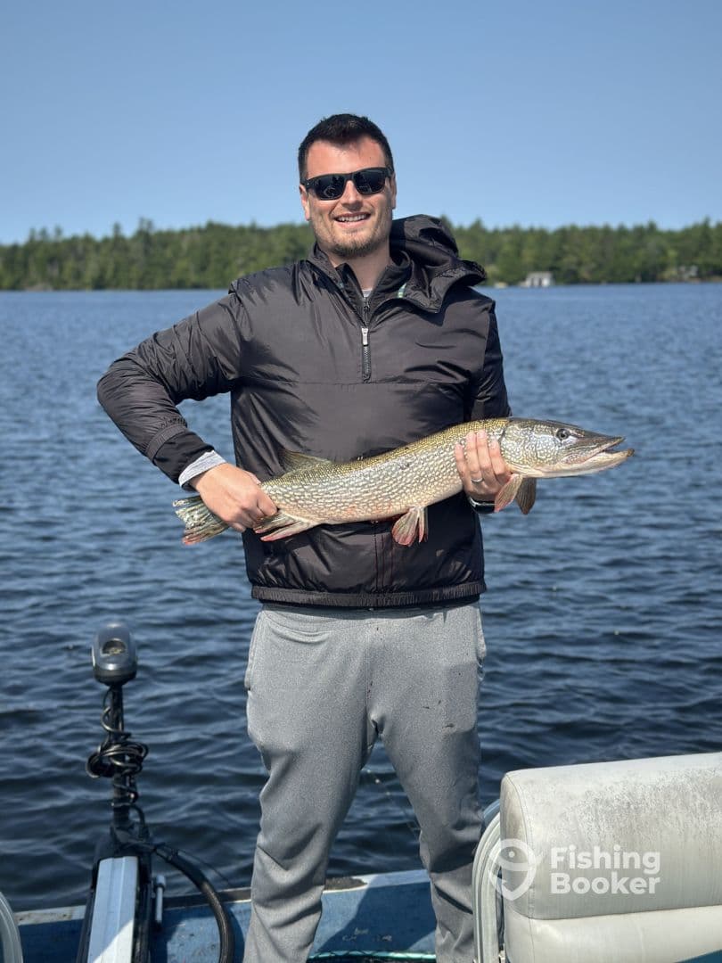 An angler proudly displaying a large Northern Pike while fishing on a serene lake, showcasing a successful day on the water.