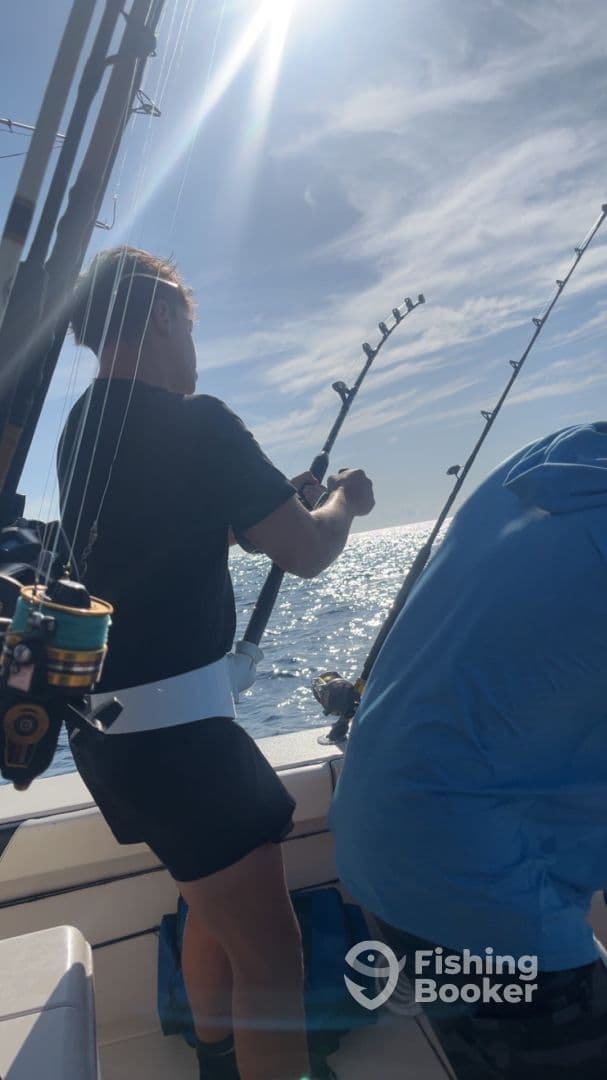 Angler actively reeling in a catch while fishing on a sunny day, showcasing the excitement of deep-sea fishing.