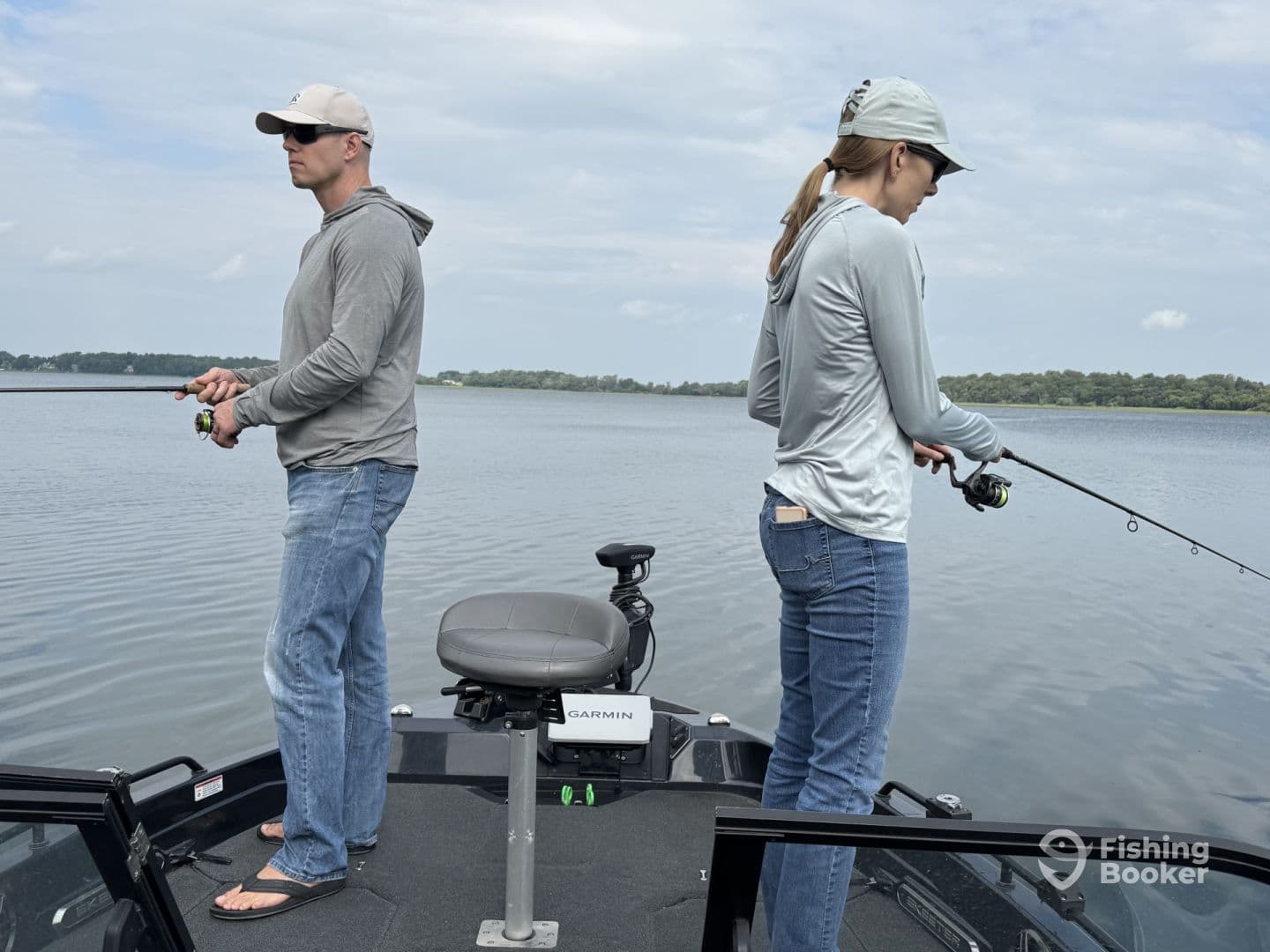 Two anglers casting lines from a boat on a calm lake, showcasing a serene fishing environment.