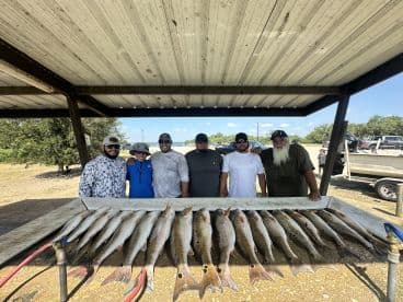 A group of anglers proudly posing with their catch of Redfish displayed on a board after a successful fishing trip.