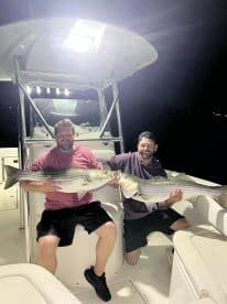 Two anglers proudly displaying their large striped bass aboard a well-equipped fishing boat at night.