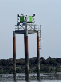 A navigational marker with two eagles perched on top, set against a rocky shoreline.