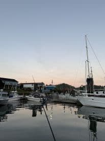 A serene evening view of a fishing harbor with multiple boats docked, reflecting the calm water under a rising moon.