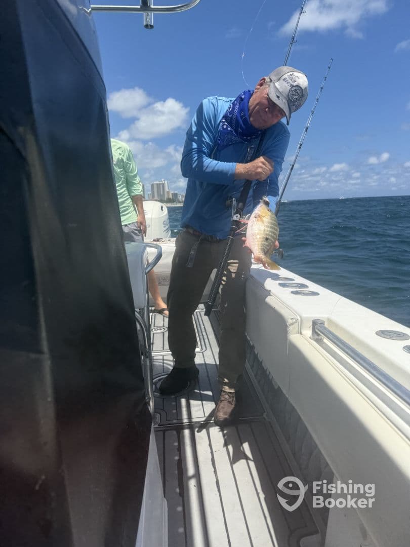 An angler reeling in a Snapper while fishing on a boat, showcasing the excitement of a day on the water.