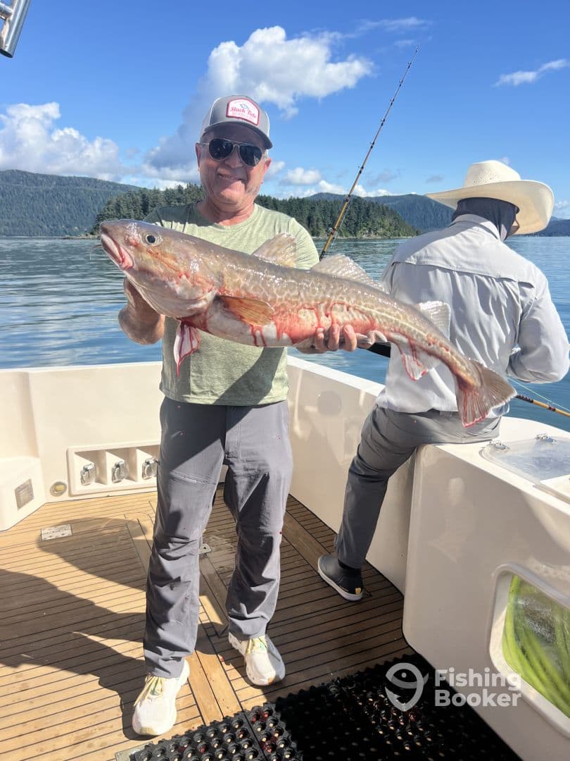 An angler proudly displaying a large Lingcod aboard a fishing boat in a scenic coastal environment.