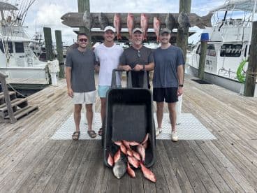 A group of four anglers proudly displaying their catch of Red Snapper and other fish on a board at the marina after a successful fishing trip.