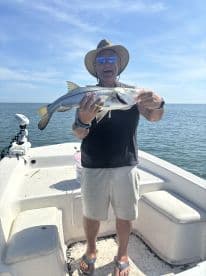 Angler proudly displaying a large Snook while fishing from a boat in sunny waters.