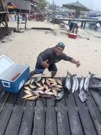 A proud angler giving a thumbs up next to a bountiful catch of various fish, including snapper and barracuda, displayed on a dock after a successful fishing trip.