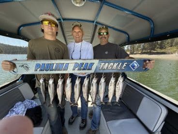 Three anglers proudly displaying their catch of trout on a board while aboard a fishing boat at a scenic lake.