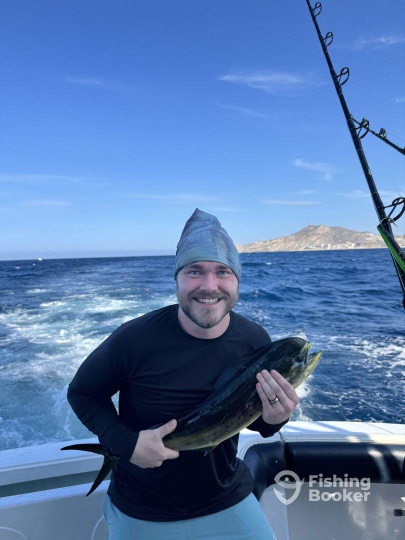 Angler proudly displaying a Mahi Mahi while fishing off the coast, with a scenic backdrop of the ocean and land.